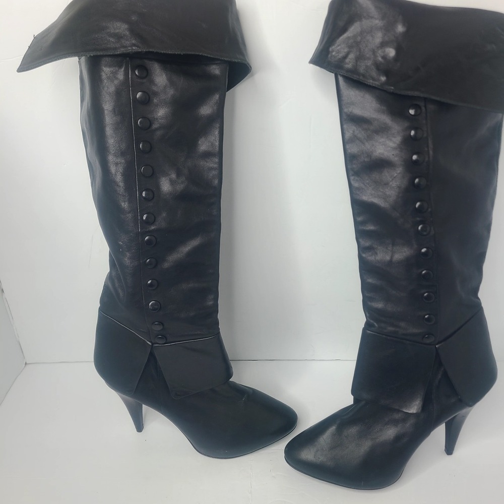 Pour La Victoire Black Leather OTK Boots Size 8.5 Stiletto High Heel Spat Cuffs
